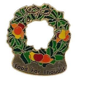 VTG SMS Food For Thought Holiday Fruit Wreath Enamel Lapel Promo Pin Christmas